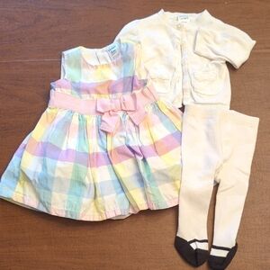 Carter's Multicolor Plaid Dress with Cream Cardigan and Tights